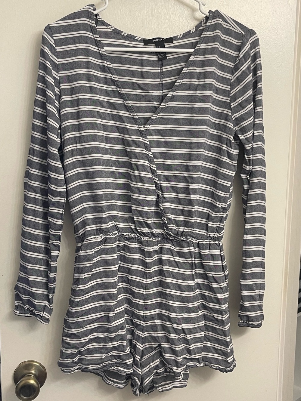 Forever 21 Gray & White Striped Long-Sleeve One-Piece Romper